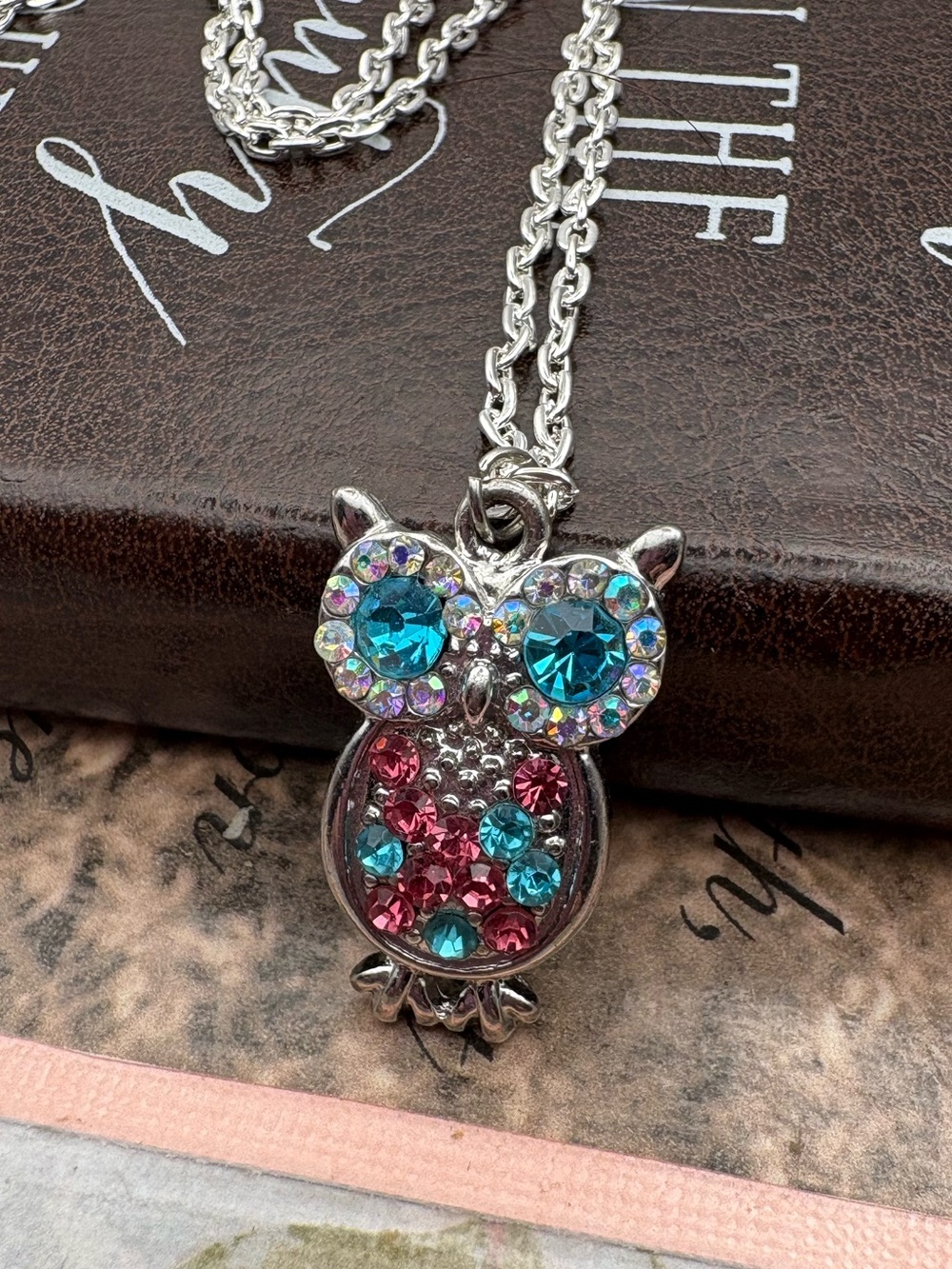 Vintage Style Rhinestone Owl Necklace Colorful Crystal Pendant